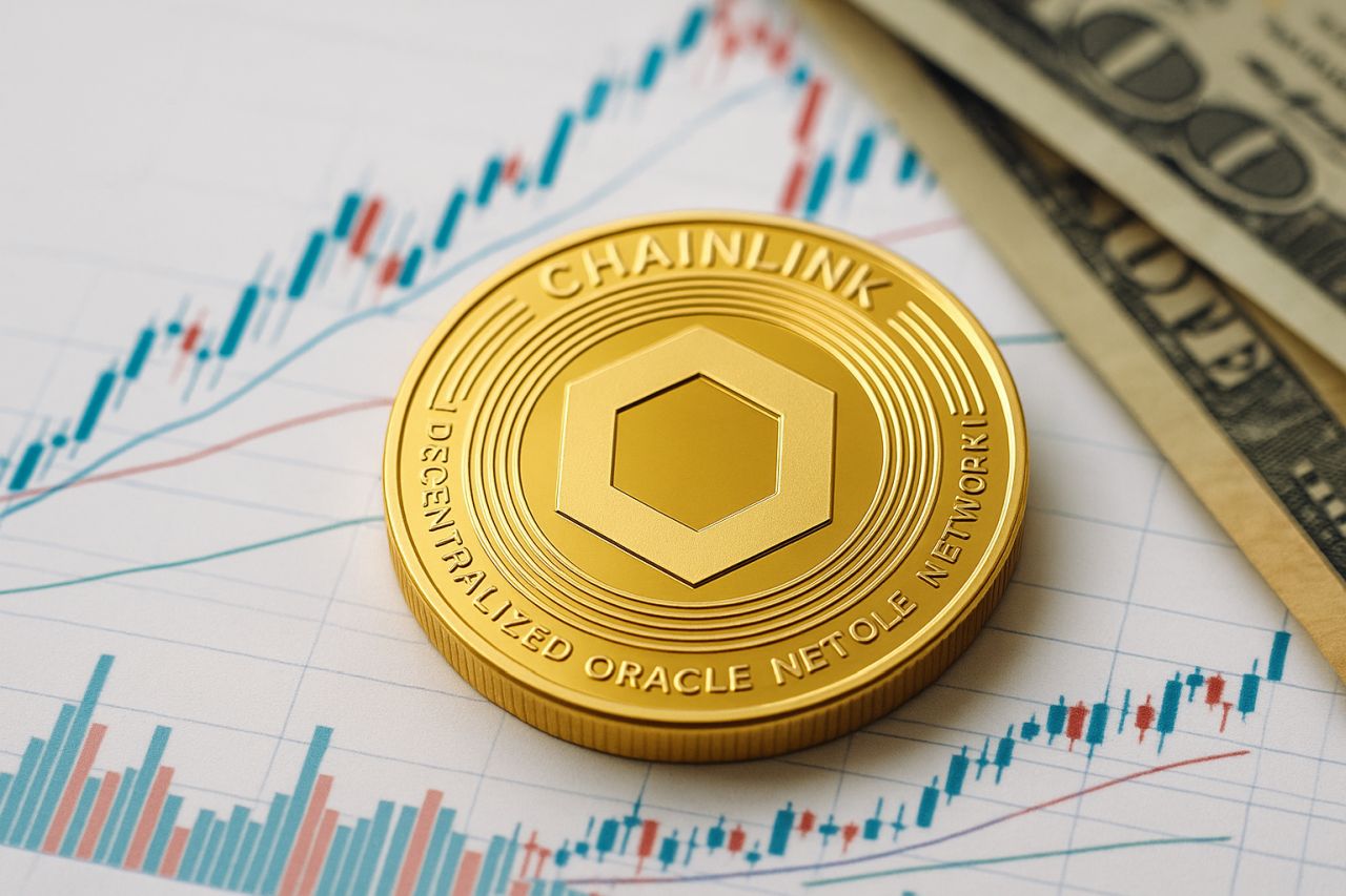 Una moneta con il simbolo di Chainlink poggiata su un foglio con dei grafici finanziari