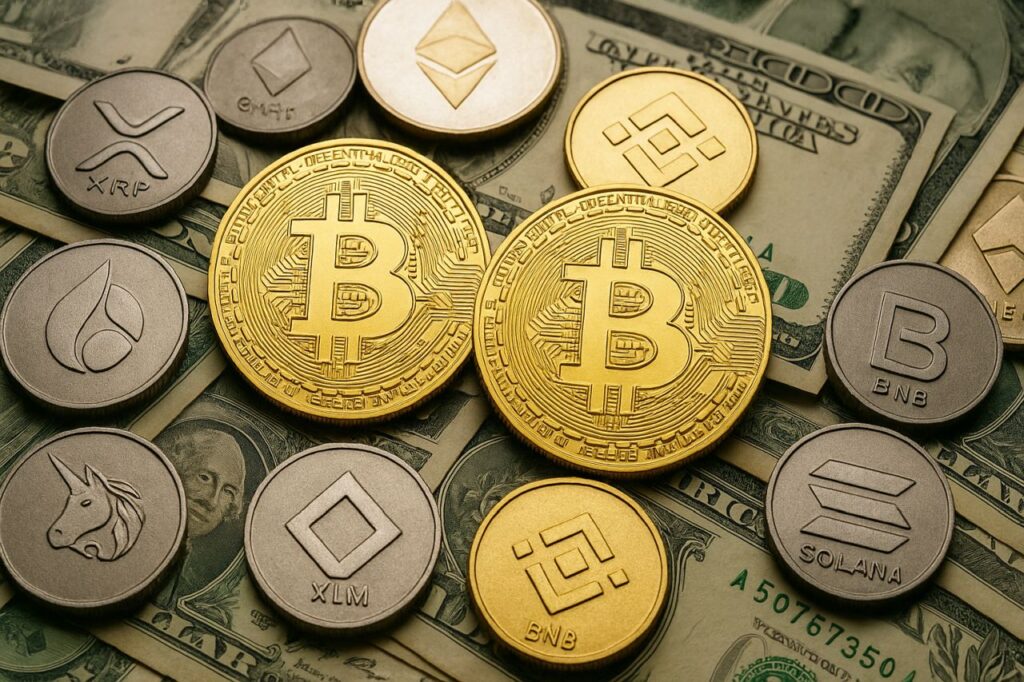 Alcune monetine coi simboli di diverse crypto poggiate su delle banconote