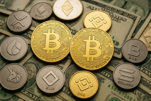 Alcune monetine coi simboli di diverse crypto poggiate su delle banconote