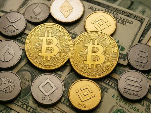Alcune monetine coi simboli di diverse crypto poggiate su delle banconote