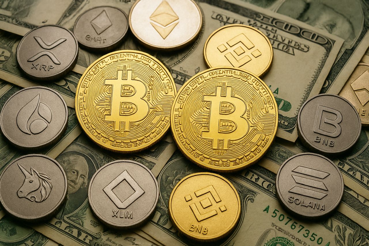 Alcune monetine coi simboli di diverse crypto poggiate su delle banconote