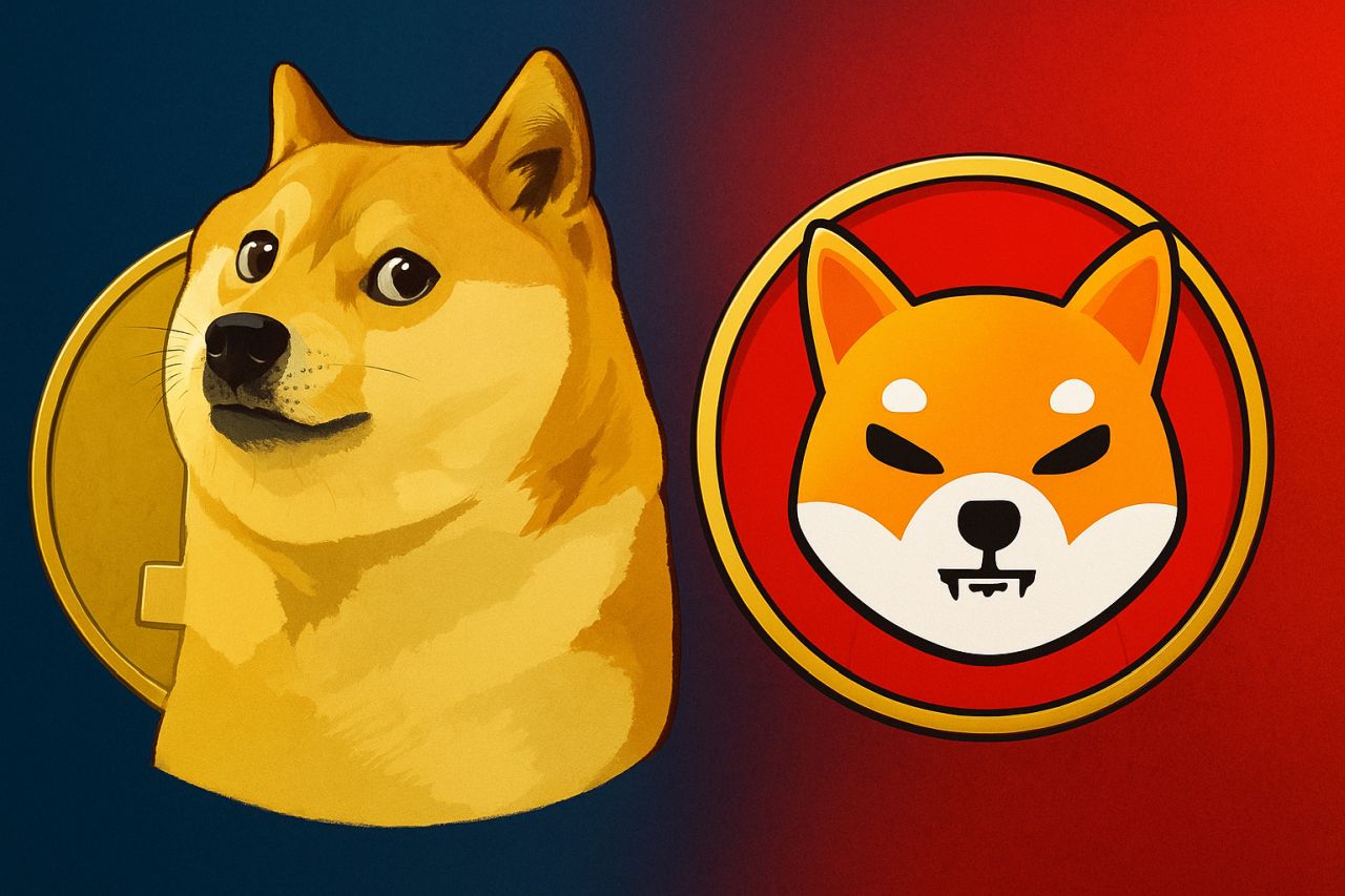 Il simbolo di Dogecoin accanto a quello di Shiba Inu