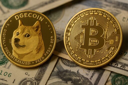 una moneta con il simbolo di Dogecoin a sinistra e una con quello di Bitcoin a destra