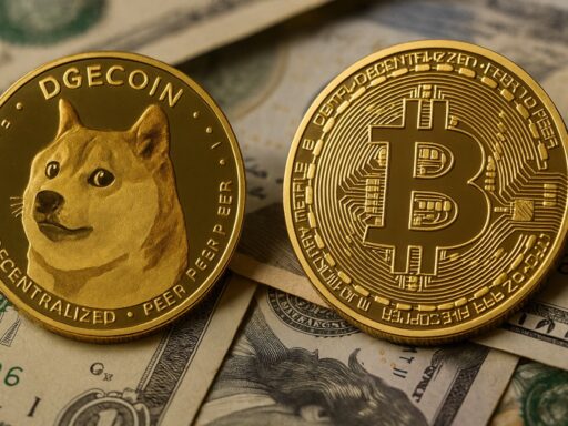 una moneta con il simbolo di Dogecoin a sinistra e una con quello di Bitcoin a destra