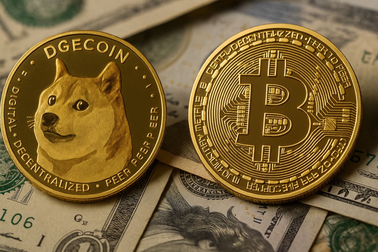 una moneta con il simbolo di Dogecoin a sinistra e una con quello di Bitcoin a destra