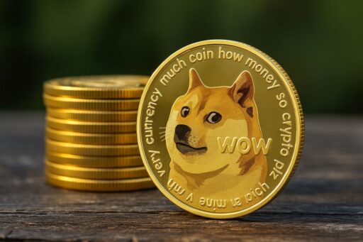 Una moneta con il simbolo di Dogecoin e altre monete impilate accanto