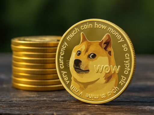 Una moneta con il simbolo di Dogecoin e altre monete impilate accanto