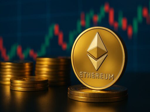Una moneta di Ethereum con altre monete vicino e un grafico a candele sullo sfondo