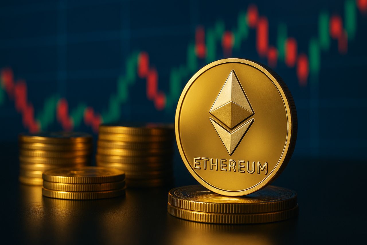 Una moneta di Ethereum con altre monete vicino e un grafico a candele sullo sfondo