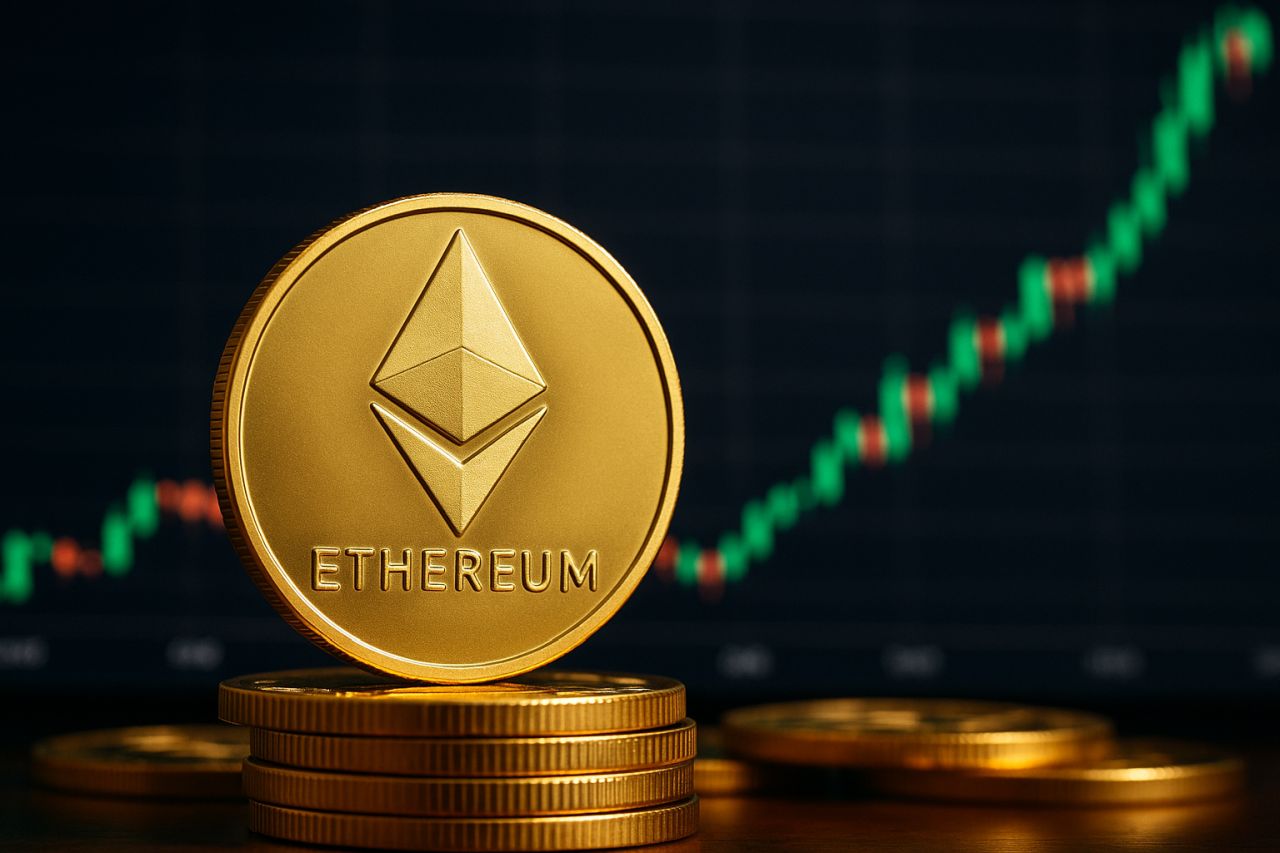 una moneta di Ethereum con un grafico a candele sullo sfondo