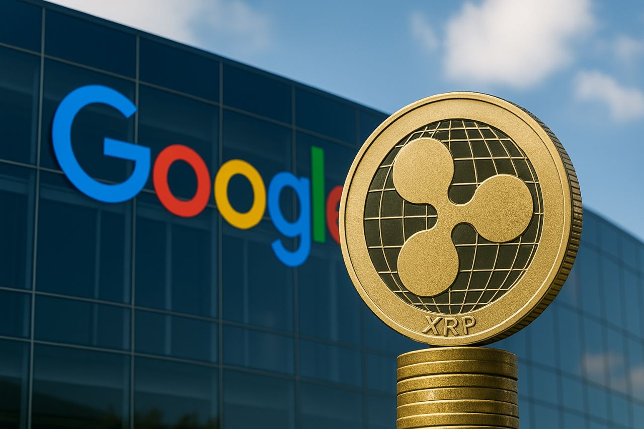 La scritta Google sulla vetrata di un palazzo e il simbolo di XRP su una moneta in sovrimpressione in grande
