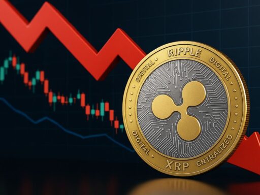 Una moneta con il simbolo di XRP e un grafico a candele sullo sfondo con una freccia rossa verso il basso
