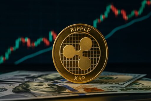 una moneta con il simbolo di XRP di Ripple con delle banconote sotto e un grafico a candele sullo sfondo