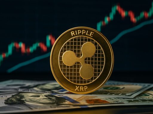 una moneta con il simbolo di XRP di Ripple con delle banconote sotto e un grafico a candele sullo sfondo