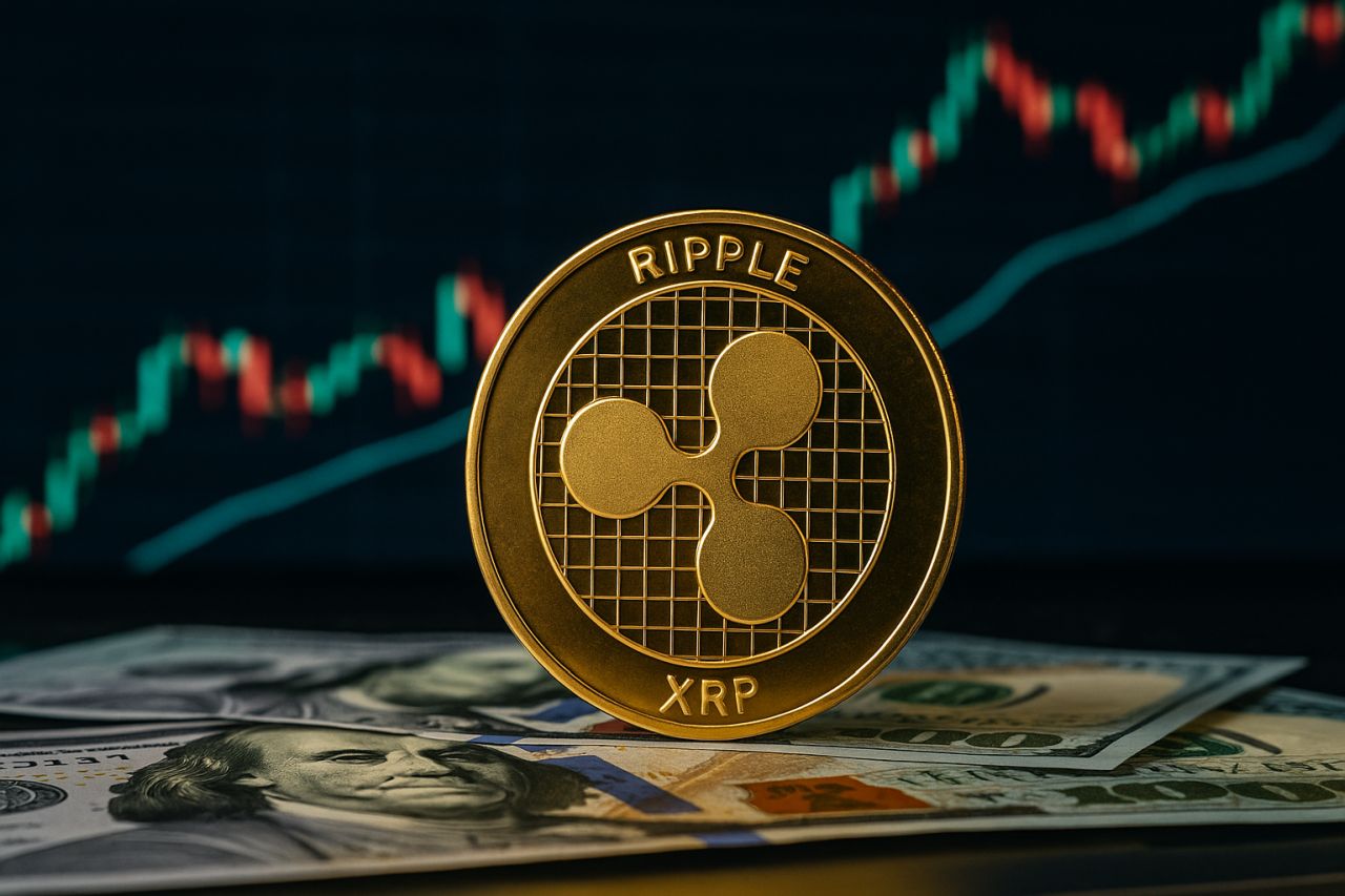 una moneta con il simbolo di XRP di Ripple con delle banconote sotto e un grafico a candele sullo sfondo