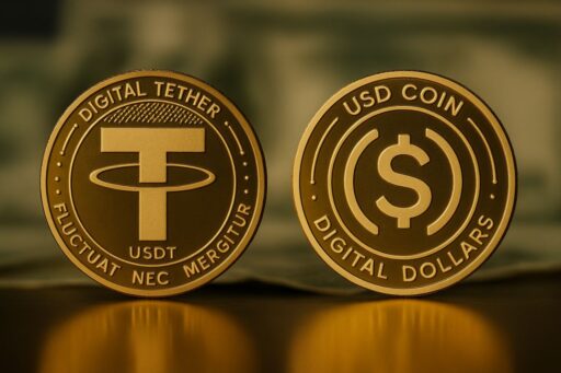 Due monete poggiate di taglio una accanto all'altra sullo stesso piano. A sinistra quella con il simbolo di Tether, a destra quella con il simbolo di USD Coin