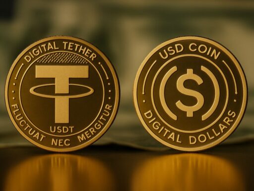 Due monete poggiate di taglio una accanto all'altra sullo stesso piano. A sinistra quella con il simbolo di Tether, a destra quella con il simbolo di USD Coin