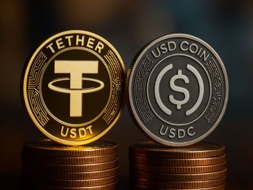 Una moneta di USDT accanto a una di USDC
