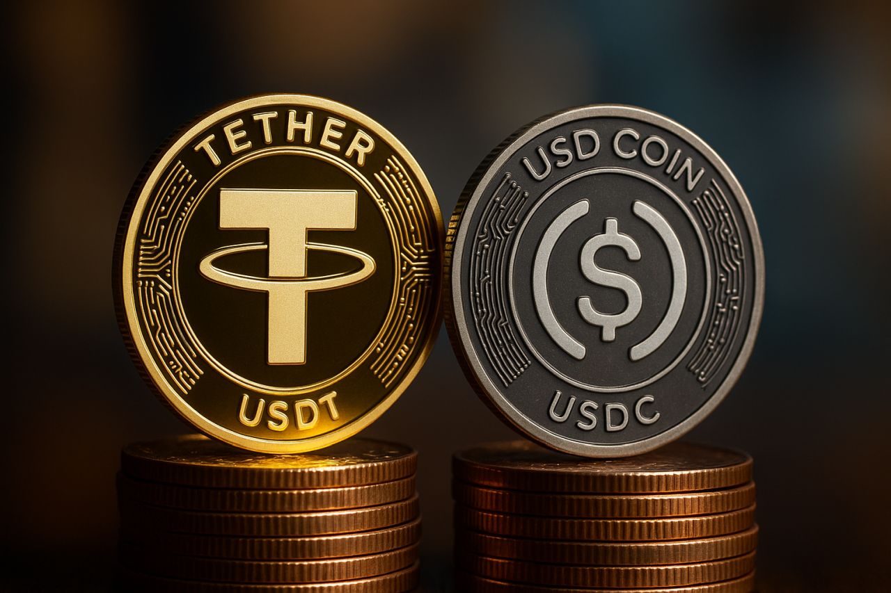 Una moneta di USDT accanto a una di USDC