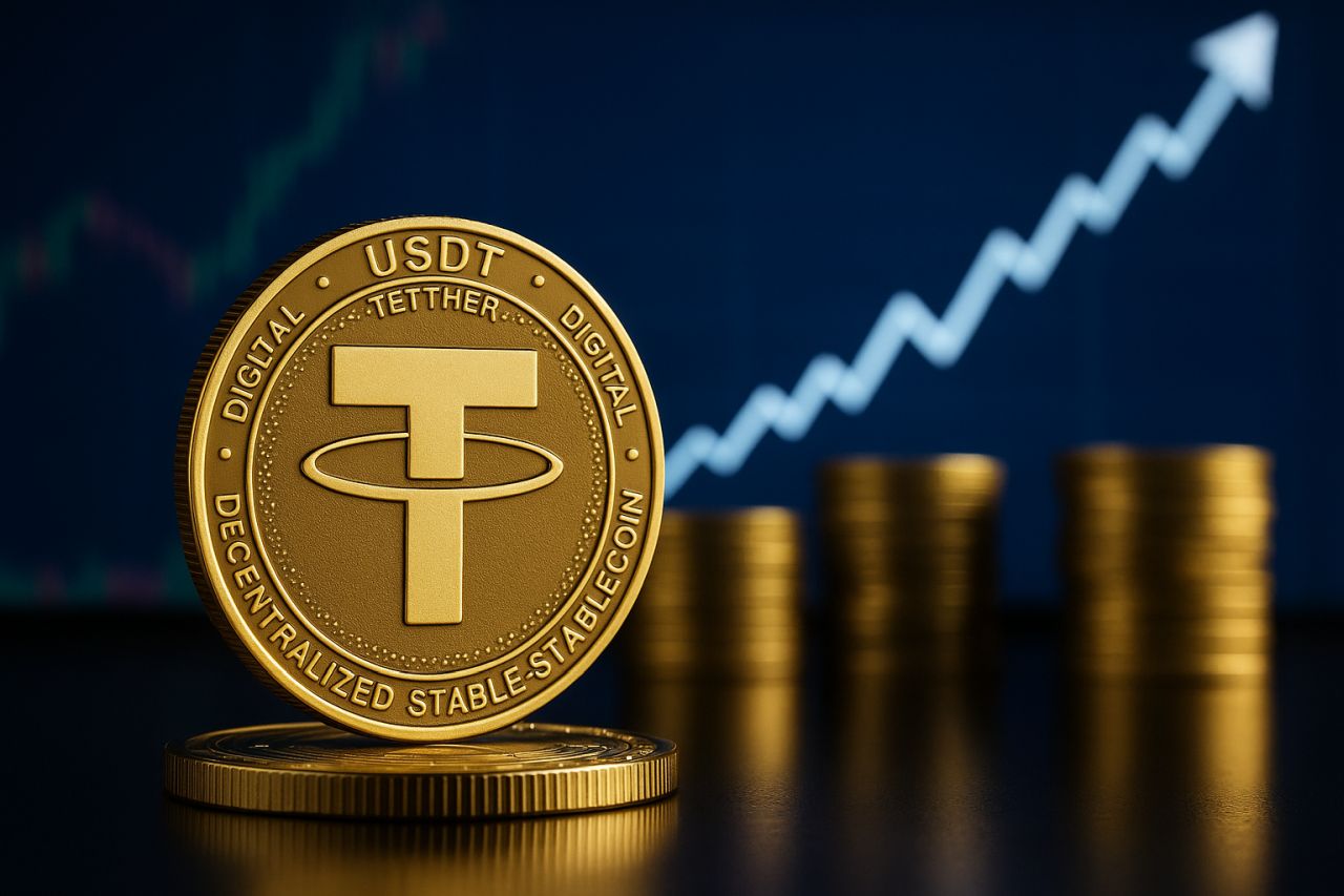 una moneta con il simbolo di USDT e altre monete impilate dietro di essa con una freccia verso l'alto