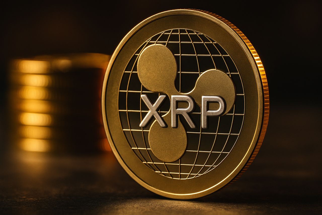 una moneta con la scritta XRP e il logo della crypto