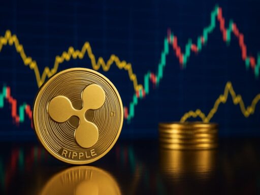 una moneta di XRP con altre monete più piccole impilate accanto e un grafico a candele sullo sfondo