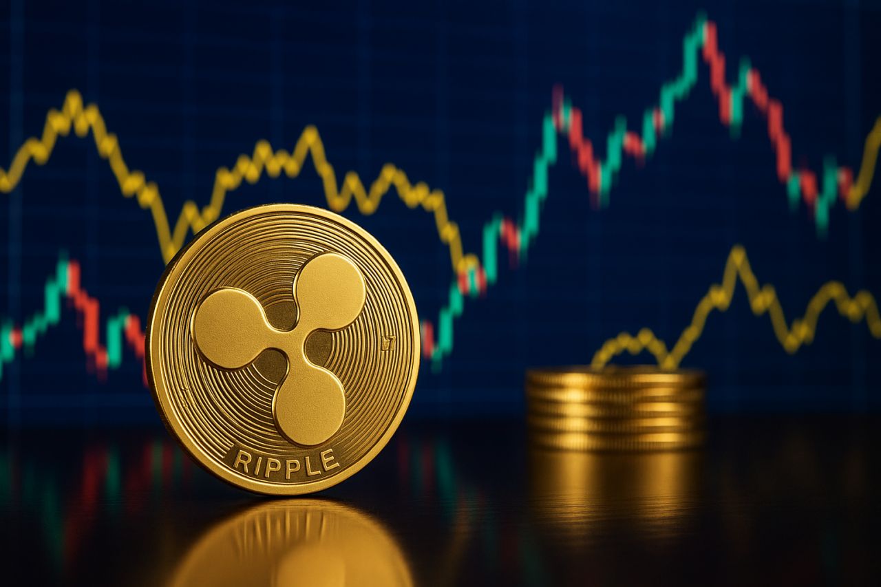 una moneta di XRP con altre monete più piccole impilate accanto e un grafico a candele sullo sfondo