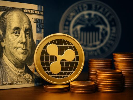 Una moneta con il simbolo di XRP e delle banconote con altre monete sullo sfondo