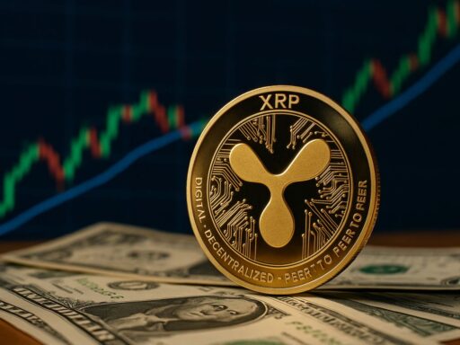 Una moneta con il simbolo di XRP poggiata su alcune banconote con un grafico a candele sullo sfondo