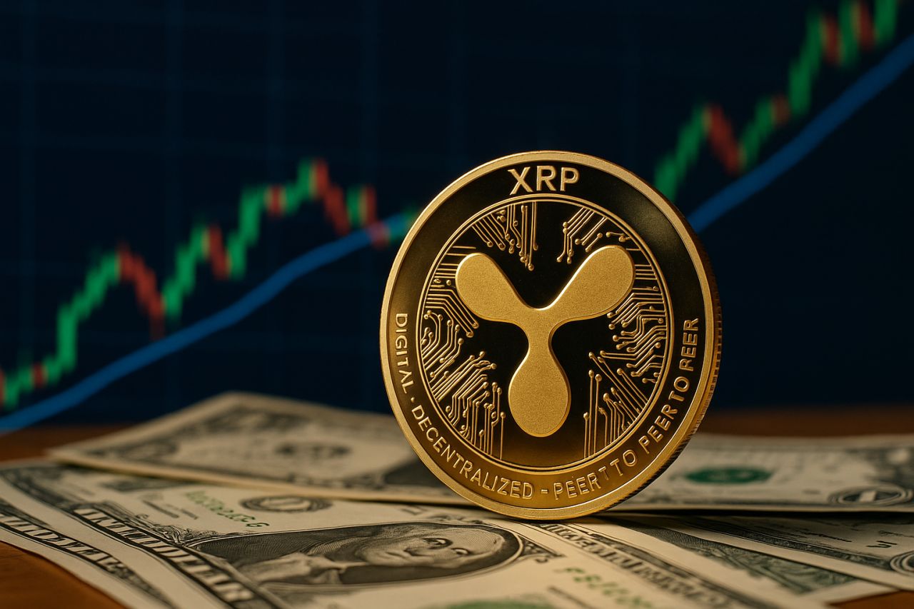 Una moneta con il simbolo di XRP poggiata su alcune banconote con un grafico a candele sullo sfondo
