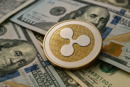 una moneta con il simbolo di XRP poggiata su banconote in dollari