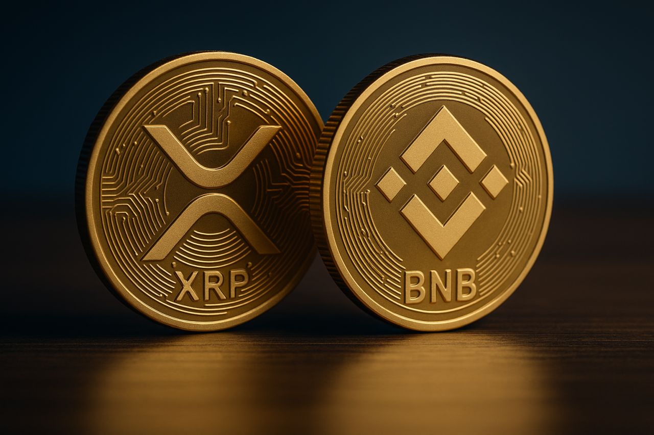una moneta di XRP accanto a una di BNB