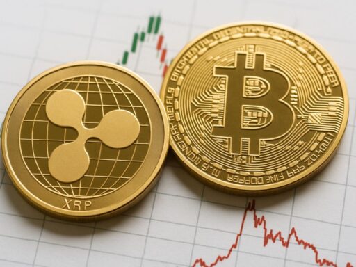 Una moneta di XRP accanto a una di BTC poggiate su un foglio con dei grafici