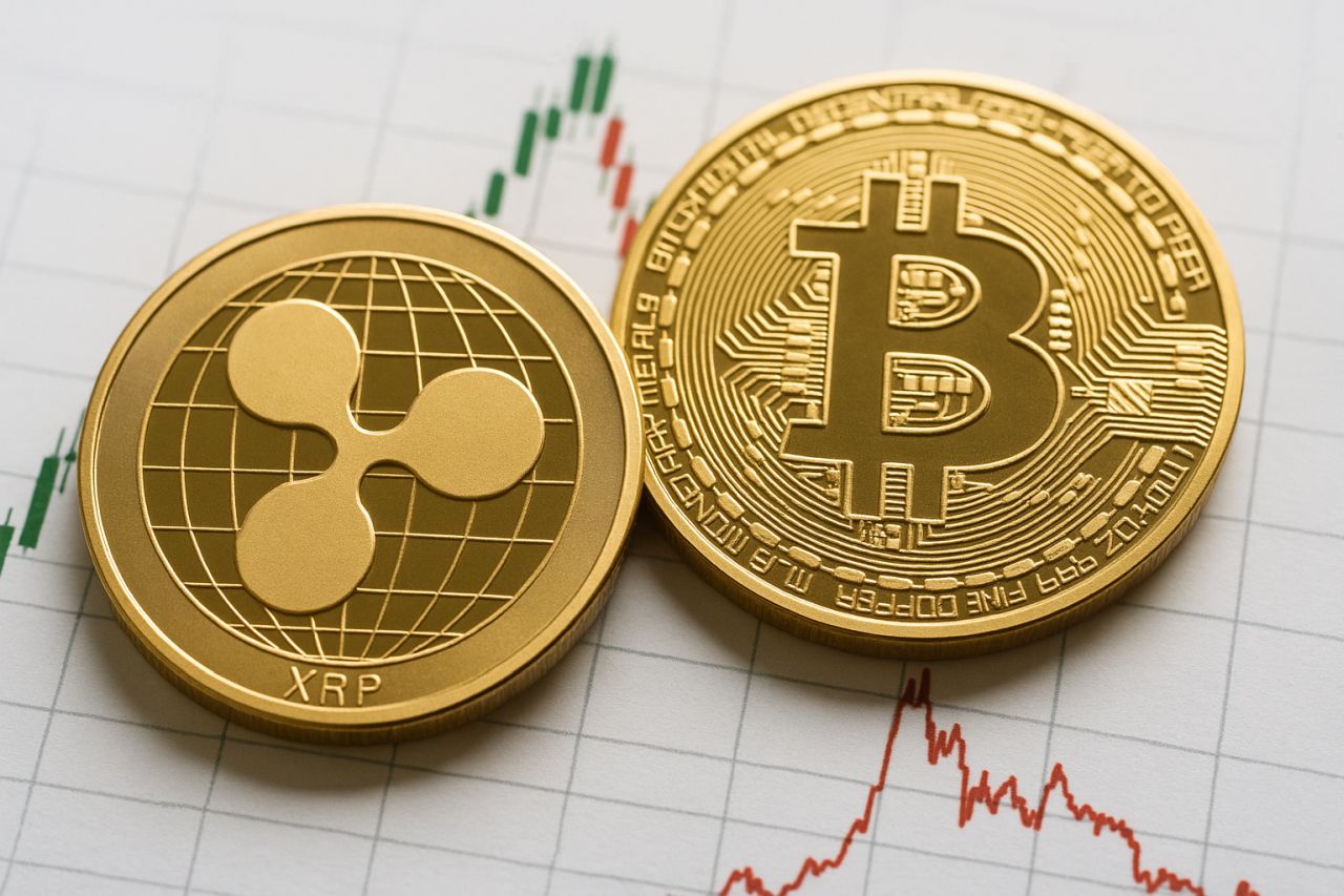 Una moneta di XRP accanto a una di BTC poggiate su un foglio con dei grafici