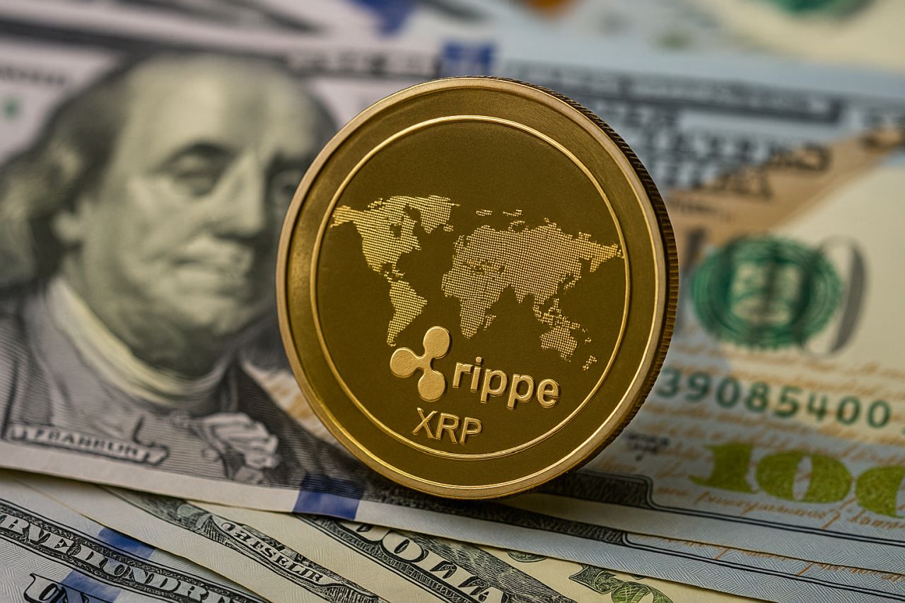 Una moneta con in piccolo il simbolo di XRP e una mappa del mondo. Sullo sfondo delle banconote