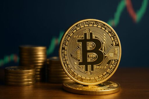 Una moneta di Bitcoin con un grafico a candele sullo sfondo