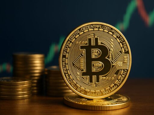 Una moneta di Bitcoin con un grafico a candele sullo sfondo