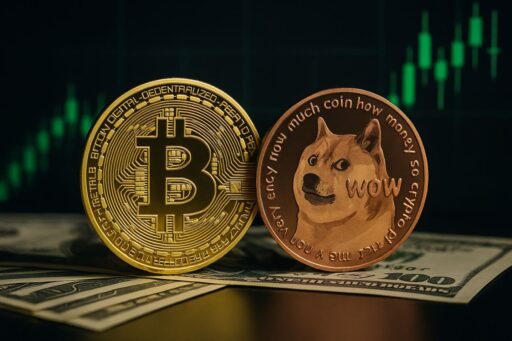 Una moneta di Bitcoin accanto a una di Dogecoin con un grafico a candele sullo sfondo