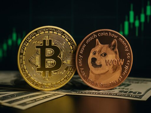 Una moneta di Bitcoin accanto a una di Dogecoin con un grafico a candele sullo sfondo