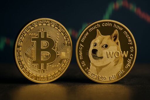 Una moneta di Bitcoin accanto a una di Dogecoin