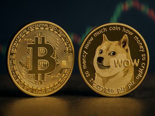 Una moneta di Bitcoin accanto a una di Dogecoin