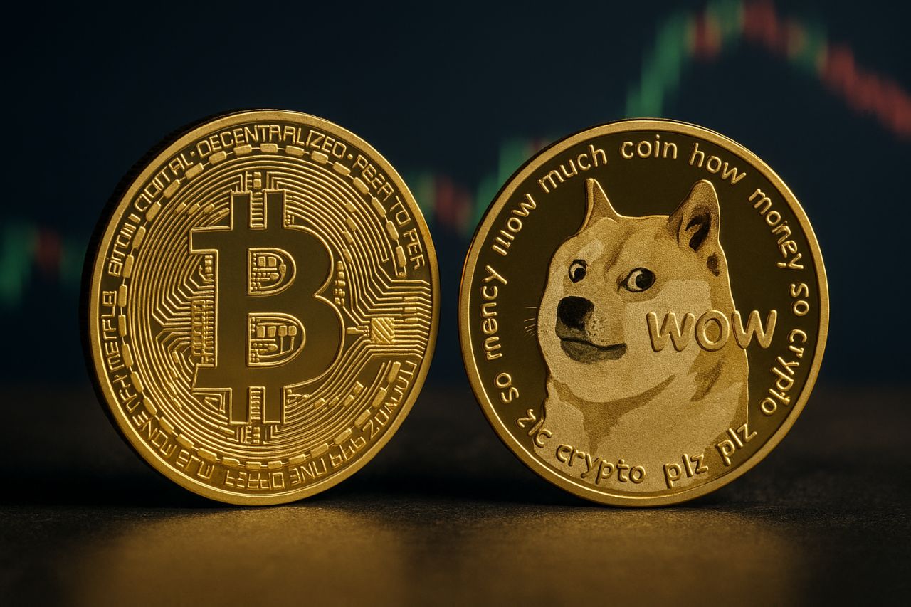 Una moneta di Bitcoin accanto a una di Dogecoin