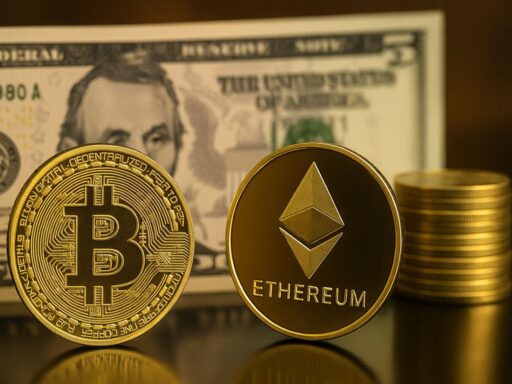 una moneta di Bitcoin accanto a una di Ethereum con una banconota in dollari sullo sfondo