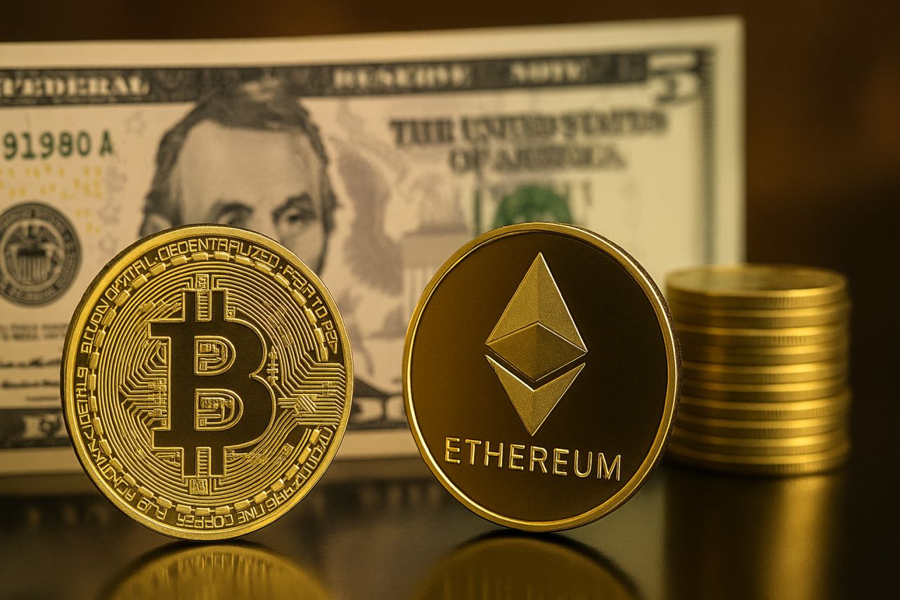 una moneta di Bitcoin accanto a una di Ethereum con una banconota in dollari sullo sfondo