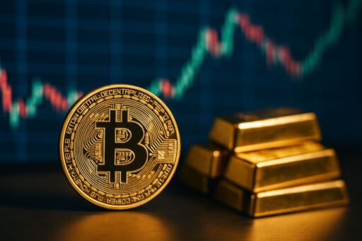 una moneta di Bitcoin con dei lingotti d'oro accanto e un grafico a candele sullo sfondo