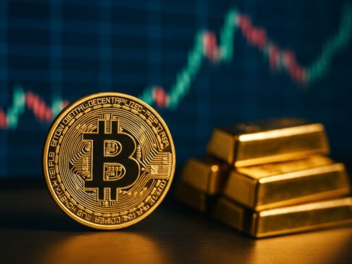 una moneta di Bitcoin con dei lingotti d'oro accanto e un grafico a candele sullo sfondo