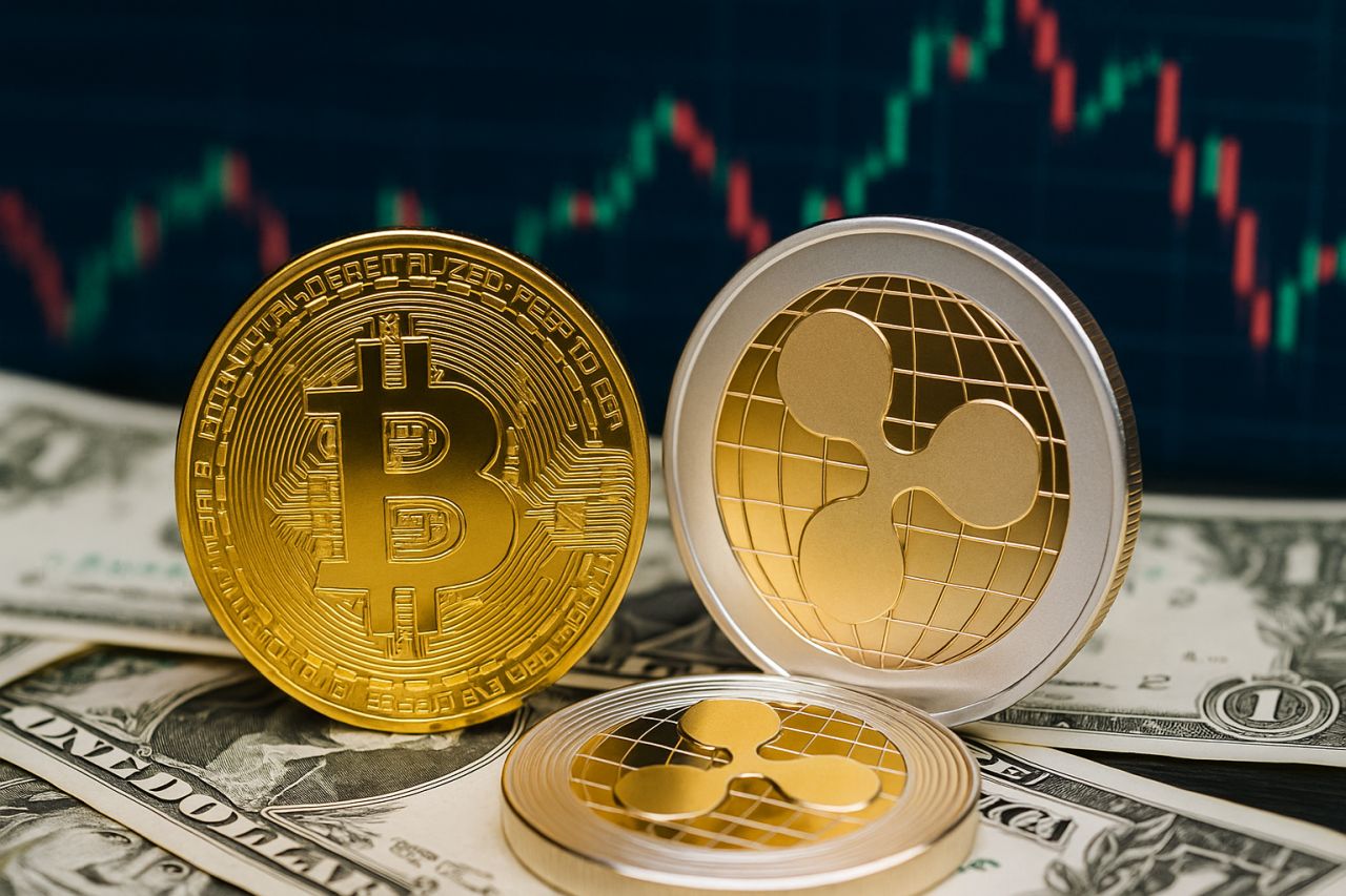 Una moneta di Bitcoin e una di XRP poggiate su delle banconote in dollari con dei grafici a candele sullo sfondo