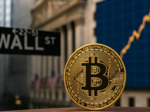 una moneta di Bitcoin al centro in grande con il cartello Wall st. e i suoi palazzi sullo sfondo