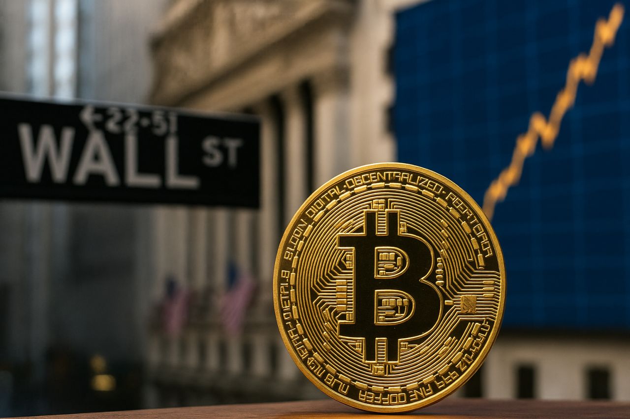 una moneta di Bitcoin al centro in grande con il cartello Wall st. e i suoi palazzi sullo sfondo