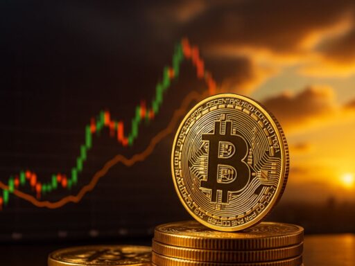 Una moneta di Bitcoin con un grafico a candele sullo sfondo